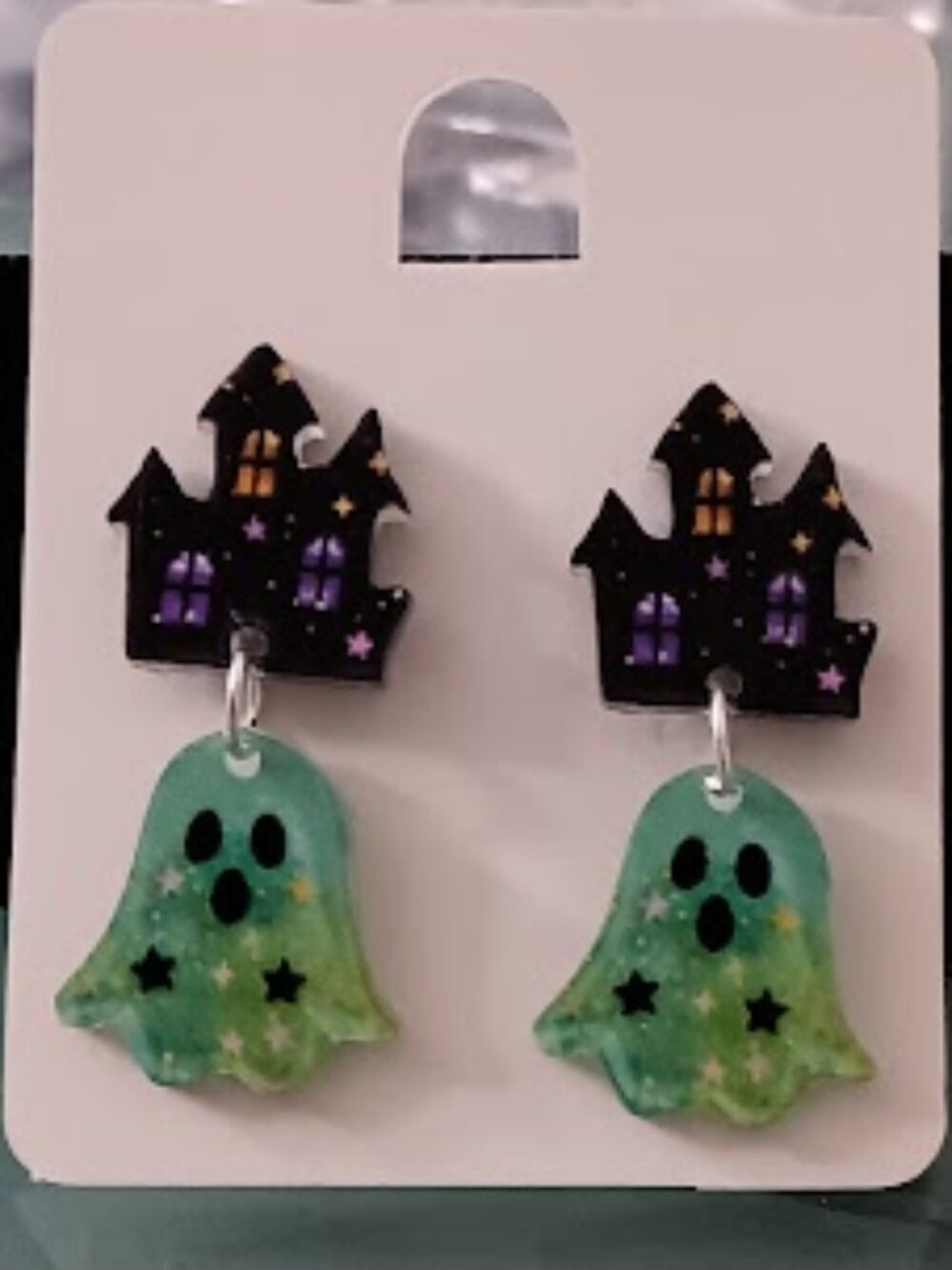 DESIGNER Halloween Ghost Haunted House Stars Acrylic Drop Earrings**NEW!